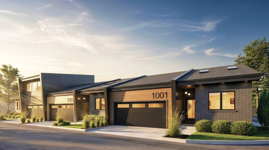 Rendering of multiple attached dwellings with front facing garages facing street.