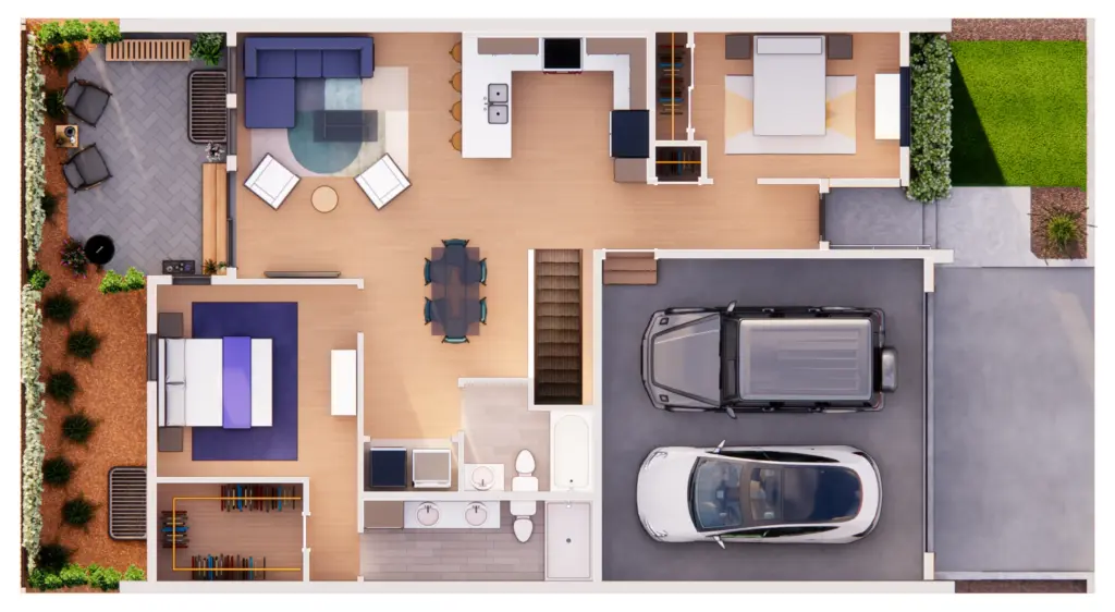 Overhead 3D rendering of the furnished main floor of the Large floor plan, showing the living room, kitchen, dining area, two bedrooms, backyard patio and double attached garage.