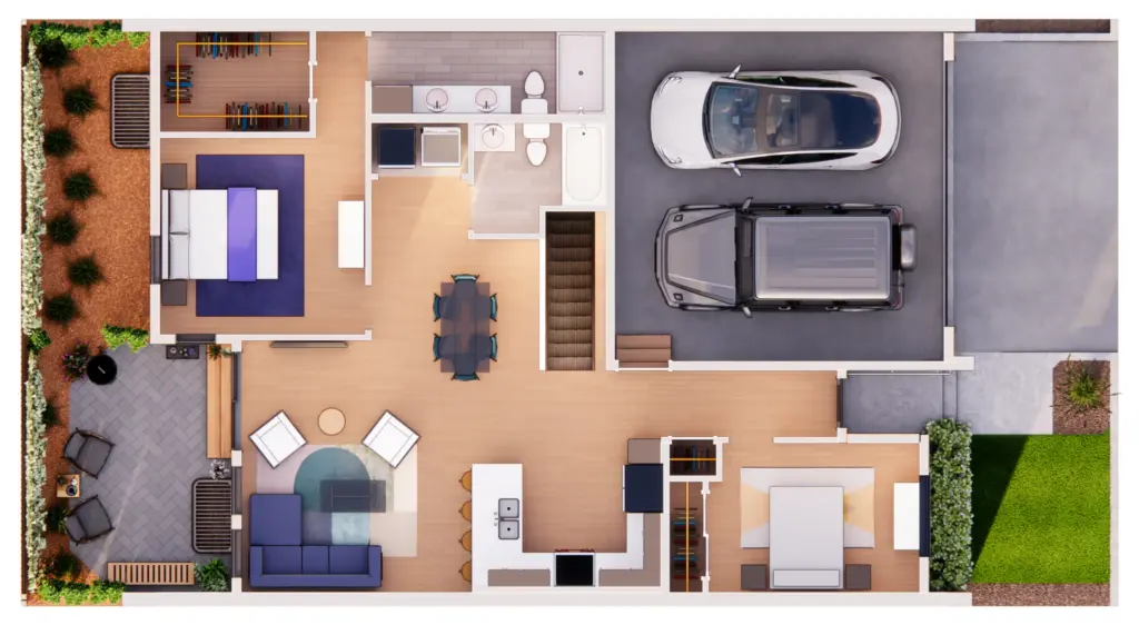 Overhead 3D rendering of the furnished main floor of the Large floor plan in the reverse layout, showing the living room, kitchen, dining area, two bedrooms, backyard patio and double attached garage.
