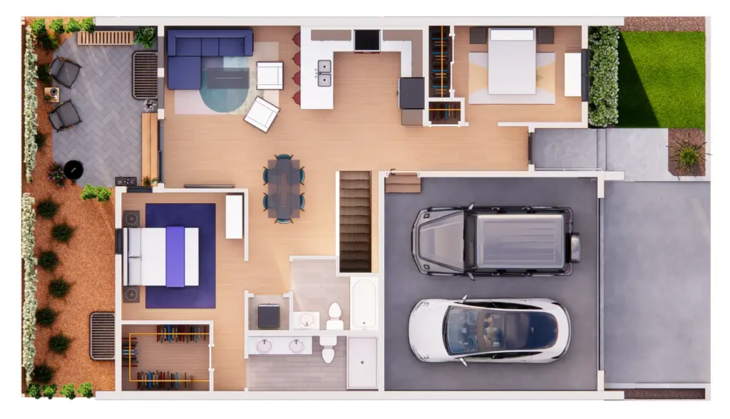 Overhead 3D rendering of the furnished main floor of the Small floor plan, showing the living room, kitchen, dining area, two bedrooms, backyard patio and double attached garage.
