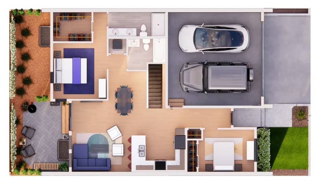 Overhead 3D rendering of the furnished main floor of the Small floor plan in the reverse layout, showing the living room, kitchen, dining area, two bedrooms, backyard patio and double attached garage.