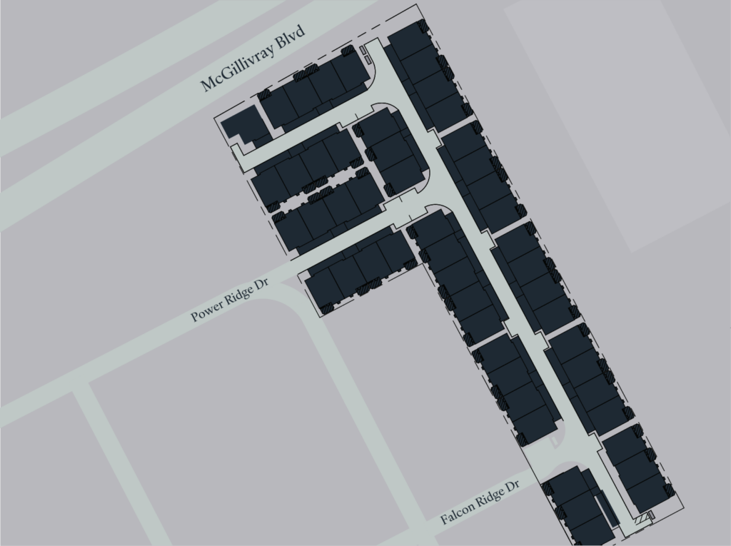 Map shows the presentation centre at the end of Falcon Ridge Drive and Power Ridge Drive near McGillivray Blvd.