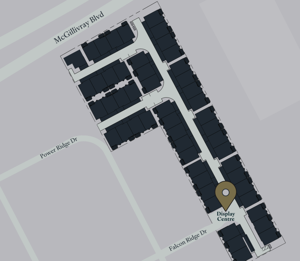 Map shows the presentation centre at the end of Falcon Ridge Drive and Power Ridge Drive near McGillivray Blvd.